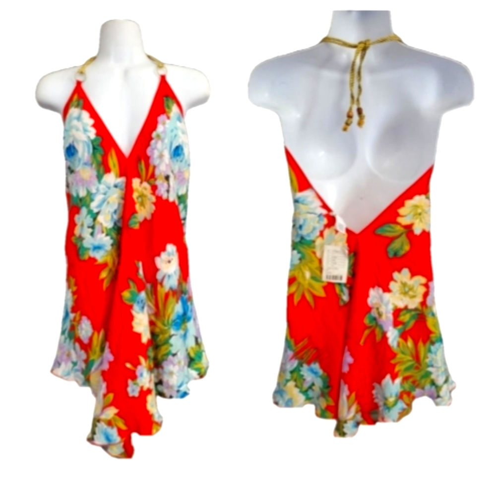UO Silkysexy Halter floral Tunic Gold Rope tie Top/Mini Dress - Picture 2 of 12